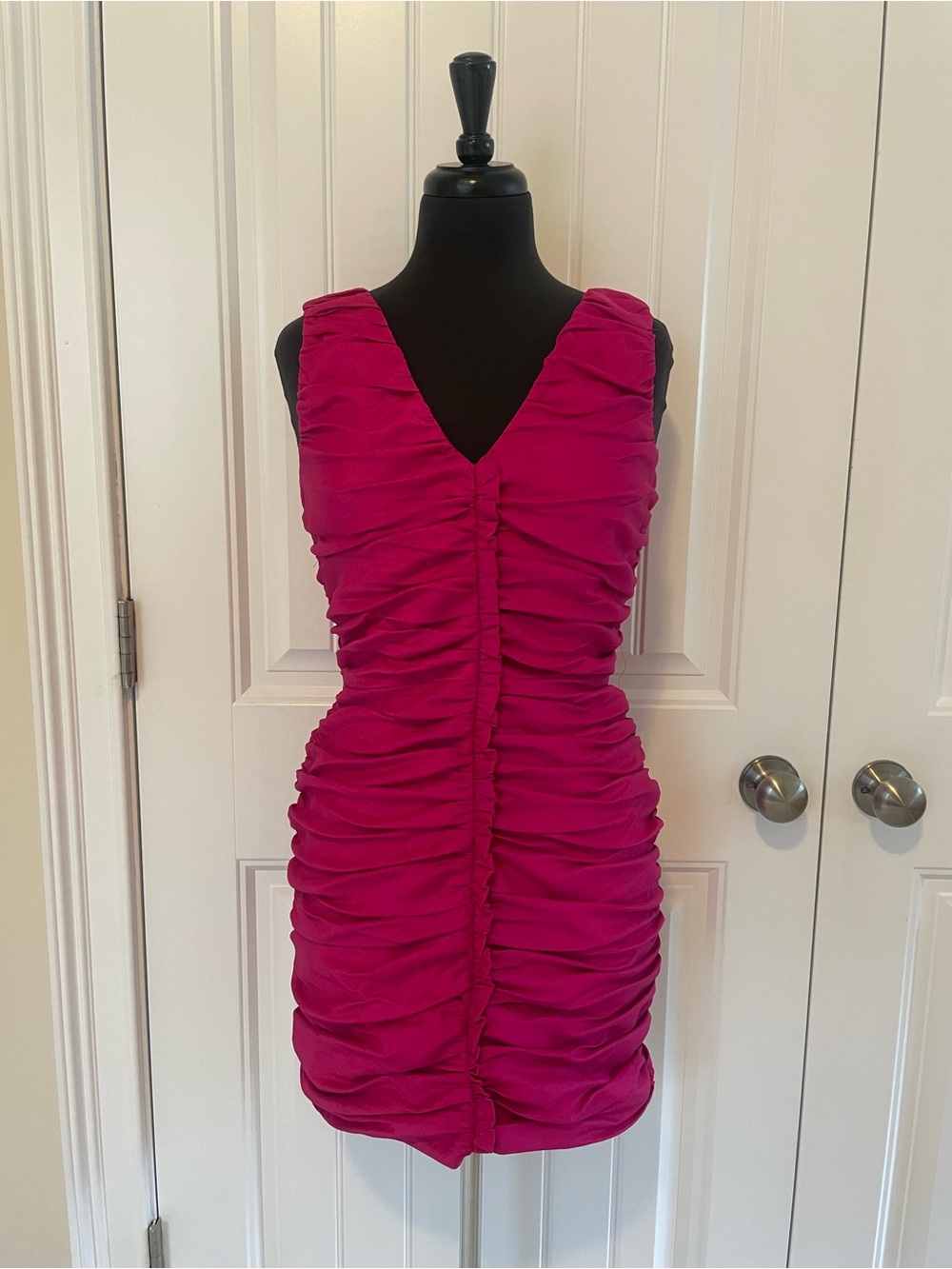 Calvin Klein Ruched V-Neck Mini Dress in Fuchsia